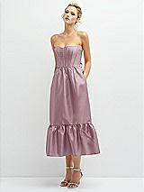 Alt View 1 Thumbnail - Dusty Rose Strapless Satin Midi Corset Dress with Lace-Up Back & Ruffle Hem