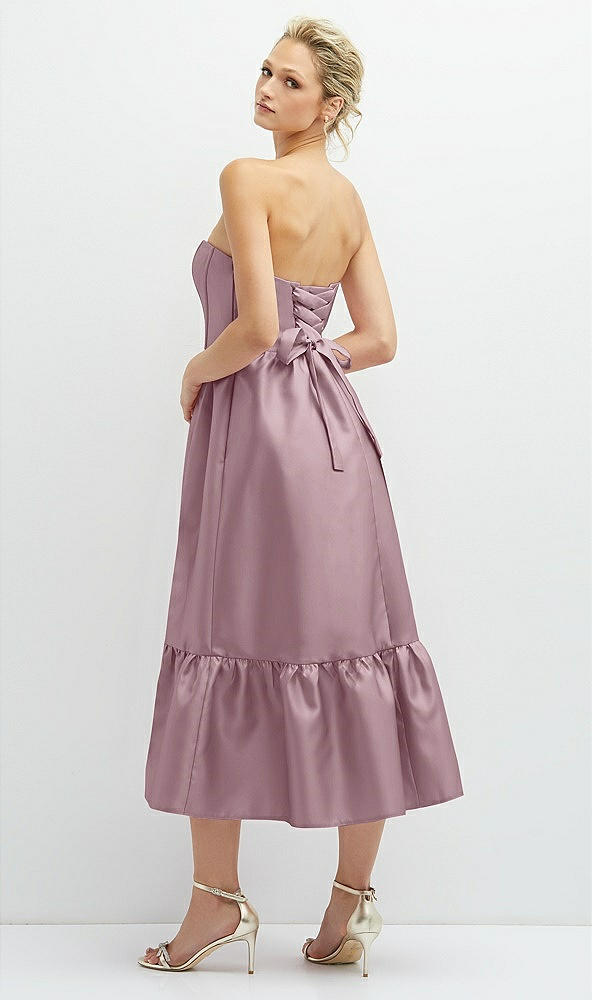 Back View - Dusty Rose Strapless Satin Midi Corset Dress with Lace-Up Back & Ruffle Hem