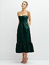 Alt View 1 Thumbnail - Evergreen Strapless Satin Midi Corset Dress with Lace-Up Back & Ruffle Hem