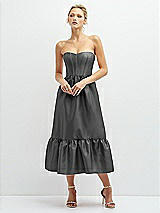 Front View Thumbnail - Gunmetal Strapless Satin Midi Corset Dress with Lace-Up Back & Ruffle Hem