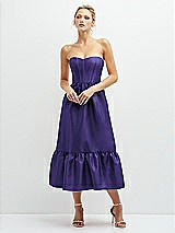 Front View Thumbnail - Grape Strapless Satin Midi Corset Dress with Lace-Up Back & Ruffle Hem