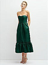 Alt View 1 Thumbnail - Hunter Green Strapless Satin Midi Corset Dress with Lace-Up Back & Ruffle Hem