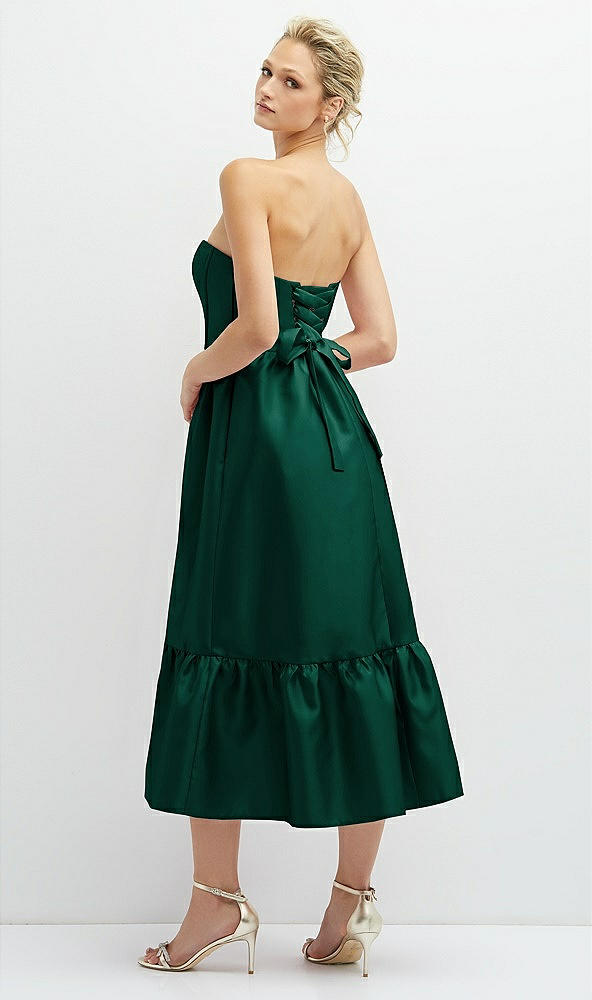 Back View - Hunter Green Strapless Satin Midi Corset Dress with Lace-Up Back & Ruffle Hem