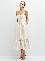 Alt View 1 Thumbnail - Ivory Strapless Satin Midi Corset Dress with Lace-Up Back & Ruffle Hem