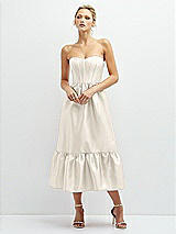 Front View Thumbnail - Ivory Strapless Satin Midi Corset Dress with Lace-Up Back & Ruffle Hem