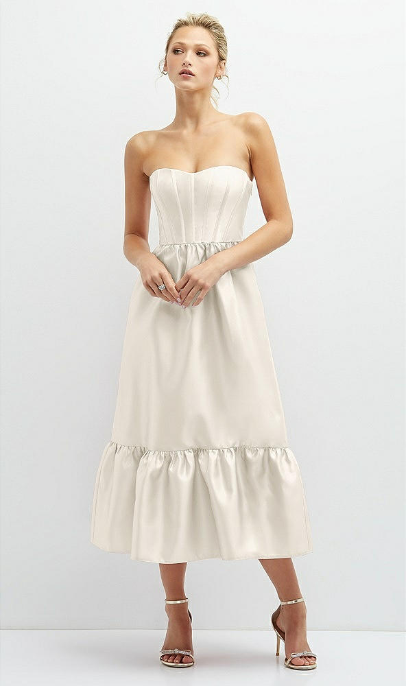 Front View - Ivory Strapless Satin Midi Corset Dress with Lace-Up Back & Ruffle Hem