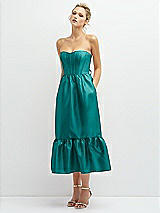 Alt View 1 Thumbnail - Jade Strapless Satin Midi Corset Dress with Lace-Up Back & Ruffle Hem