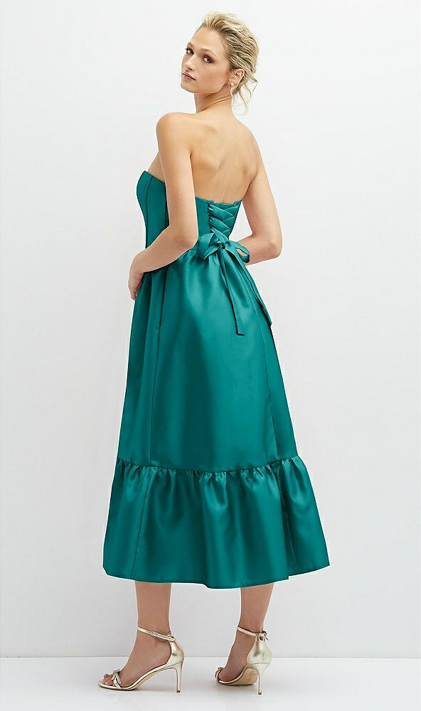 Back View - Jade Strapless Satin Midi Corset Dress with Lace-Up Back & Ruffle Hem