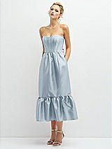 Alt View 1 Thumbnail - Mist Strapless Satin Midi Corset Dress with Lace-Up Back & Ruffle Hem