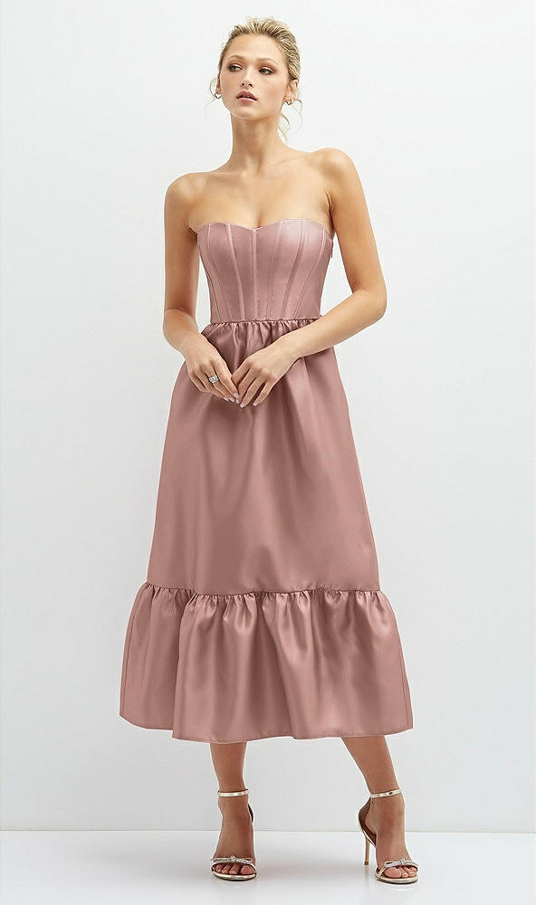 Front View - Neu Nude Strapless Satin Midi Corset Dress with Lace-Up Back & Ruffle Hem