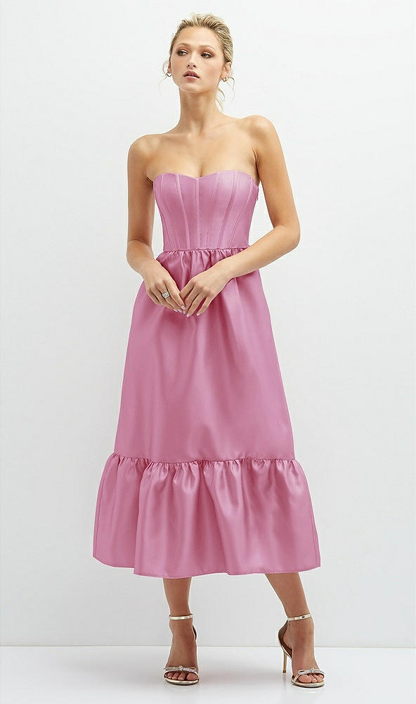 Front View - Powder Pink Strapless Satin Midi Corset Dress with Lace-Up Back & Ruffle Hem