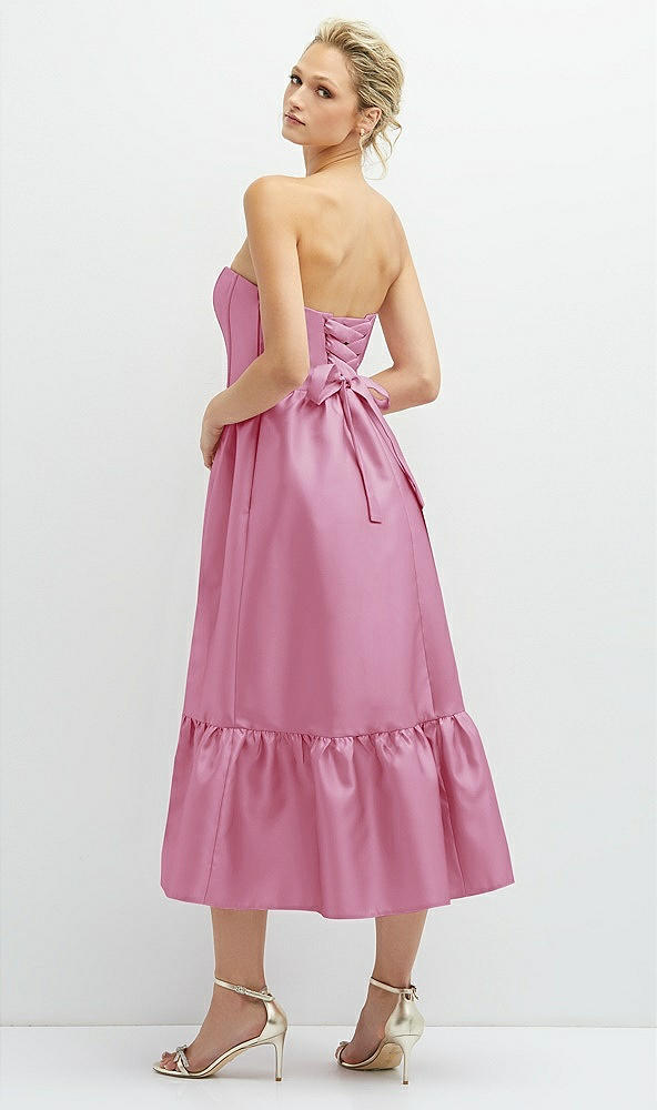 Back View - Powder Pink Strapless Satin Midi Corset Dress with Lace-Up Back & Ruffle Hem