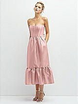 Alt View 1 Thumbnail - Rose - PANTONE Rose Quartz Strapless Satin Midi Corset Dress with Lace-Up Back & Ruffle Hem