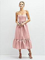 Front View Thumbnail - Rose - PANTONE Rose Quartz Strapless Satin Midi Corset Dress with Lace-Up Back & Ruffle Hem