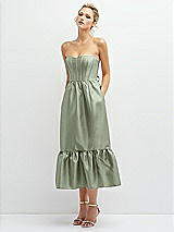 Alt View 1 Thumbnail - Sage Strapless Satin Midi Corset Dress with Lace-Up Back & Ruffle Hem