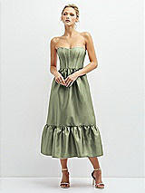 Front View Thumbnail - Sage Strapless Satin Midi Corset Dress with Lace-Up Back & Ruffle Hem