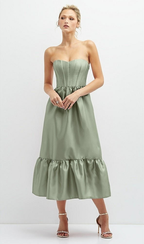 Front View - Sage Strapless Satin Midi Corset Dress with Lace-Up Back & Ruffle Hem