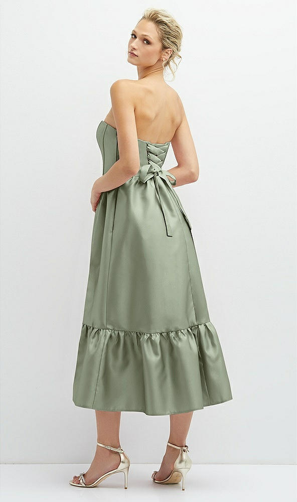 Back View - Sage Strapless Satin Midi Corset Dress with Lace-Up Back & Ruffle Hem