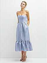 Alt View 1 Thumbnail - Sky Blue Strapless Satin Midi Corset Dress with Lace-Up Back & Ruffle Hem