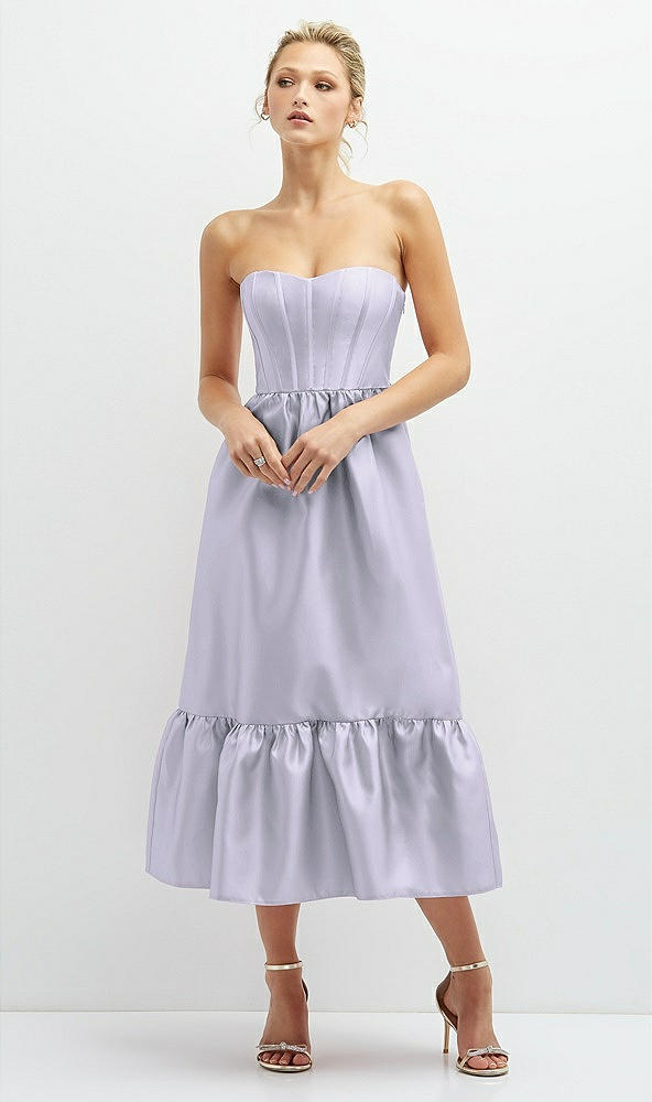 Front View - Silver Dove Strapless Satin Midi Corset Dress with Lace-Up Back & Ruffle Hem