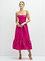 Front View Thumbnail - Think Pink Strapless Satin Midi Corset Dress with Lace-Up Back & Ruffle Hem