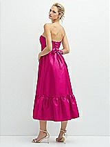 Rear View Thumbnail - Think Pink Strapless Satin Midi Corset Dress with Lace-Up Back & Ruffle Hem