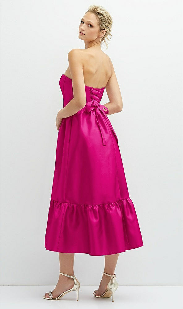 Back View - Think Pink Strapless Satin Midi Corset Dress with Lace-Up Back & Ruffle Hem