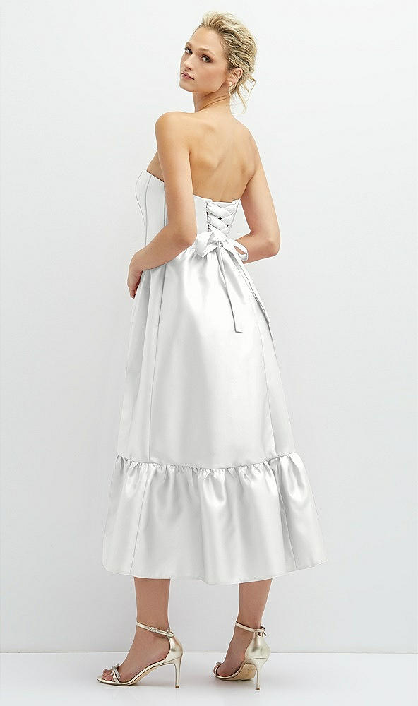 Back View - White Strapless Satin Midi Corset Dress with Lace-Up Back & Ruffle Hem