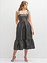 Front View Thumbnail - Caviar Gray Shirred Ruffle Hem Midi Dress with Self-Tie Spaghetti Straps and Pockets