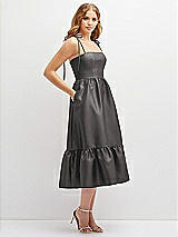 Side View Thumbnail - Caviar Gray Shirred Ruffle Hem Midi Dress with Self-Tie Spaghetti Straps and Pockets