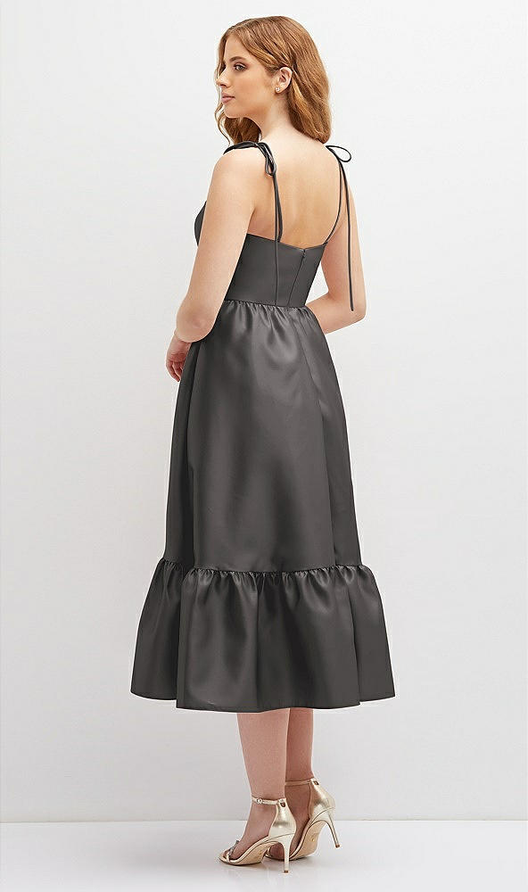 Back View - Caviar Gray Shirred Ruffle Hem Midi Dress with Self-Tie Spaghetti Straps and Pockets