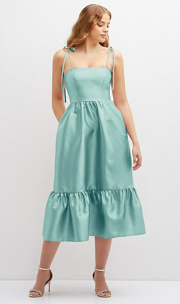 Front View - Coastal Shirred Ruffle Hem Midi Dress with Self-Tie Spaghetti Straps and Pockets