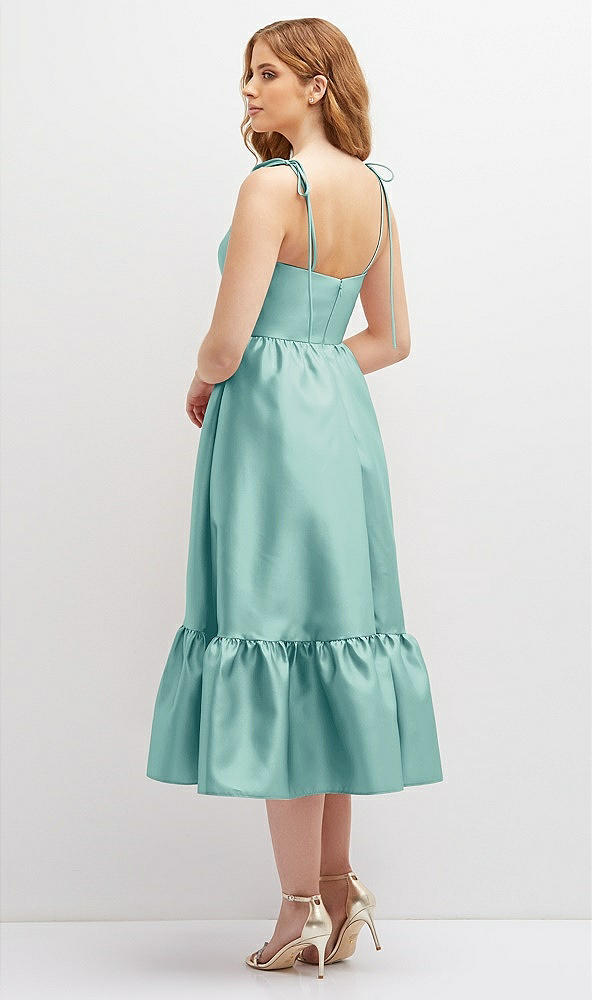 Back View - Coastal Shirred Ruffle Hem Midi Dress with Self-Tie Spaghetti Straps and Pockets