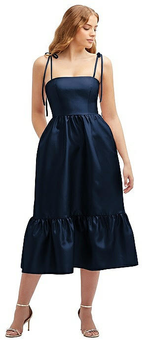 Shirred Ruffle Hem Midi Dress with Self-Tie Spaghetti Straps and Pockets