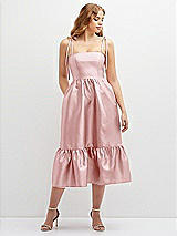 Front View Thumbnail - Ballet Pink Shirred Ruffle Hem Midi Dress with Self-Tie Spaghetti Straps and Pockets