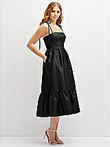 Side View Thumbnail - Black Shirred Ruffle Hem Midi Dress with Self-Tie Spaghetti Straps and Pockets