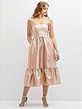 Front View Thumbnail - Cameo Shirred Ruffle Hem Midi Dress with Self-Tie Spaghetti Straps and Pockets