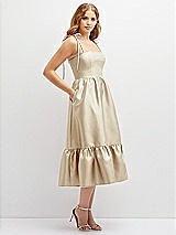 Side View Thumbnail - Champagne Shirred Ruffle Hem Midi Dress with Self-Tie Spaghetti Straps and Pockets