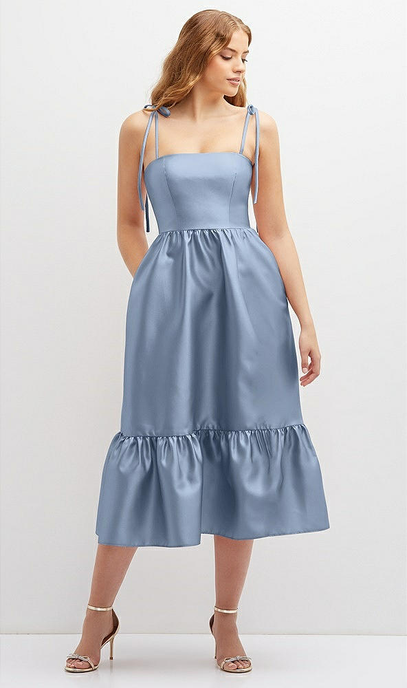 Front View - Cloudy Shirred Ruffle Hem Midi Dress with Self-Tie Spaghetti Straps and Pockets