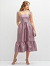 Front View Thumbnail - Dusty Rose Shirred Ruffle Hem Midi Dress with Self-Tie Spaghetti Straps and Pockets