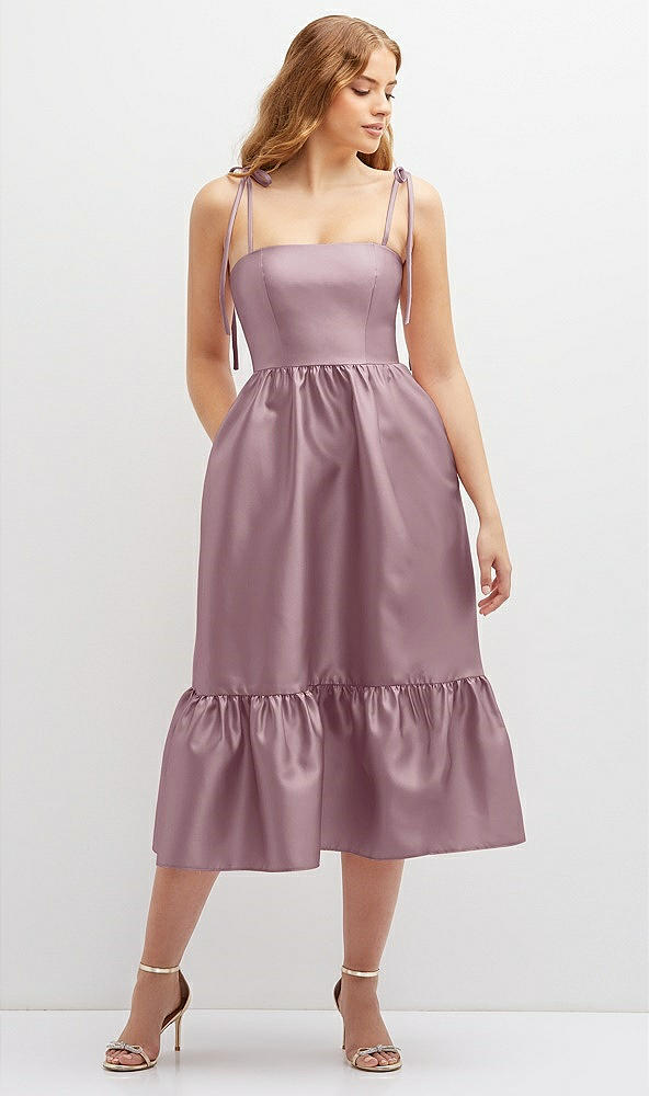 Front View - Dusty Rose Shirred Ruffle Hem Midi Dress with Self-Tie Spaghetti Straps and Pockets