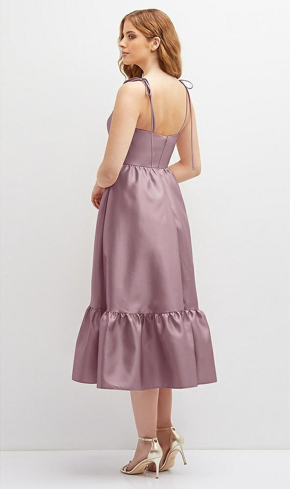 Back View - Dusty Rose Shirred Ruffle Hem Midi Dress with Self-Tie Spaghetti Straps and Pockets