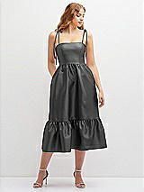 Front View Thumbnail - Gunmetal Shirred Ruffle Hem Midi Dress with Self-Tie Spaghetti Straps and Pockets