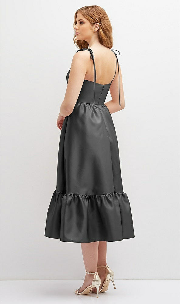 Back View - Gunmetal Shirred Ruffle Hem Midi Dress with Self-Tie Spaghetti Straps and Pockets