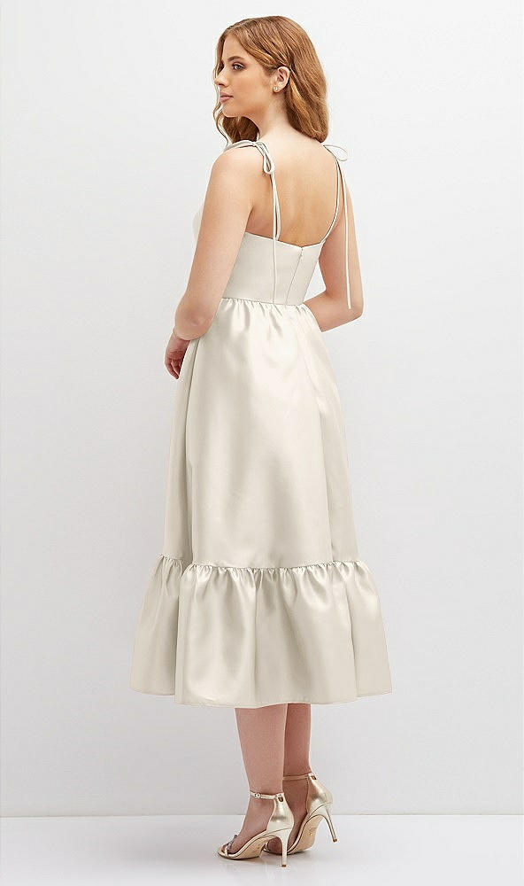 Back View - Ivory Shirred Ruffle Hem Midi Dress with Self-Tie Spaghetti Straps and Pockets