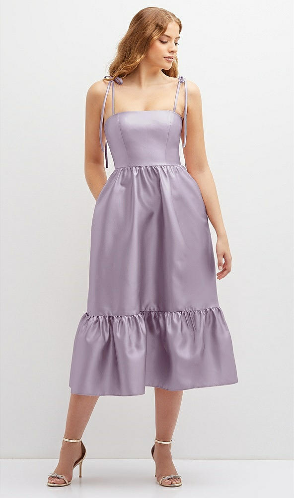 Front View - Lilac Haze Shirred Ruffle Hem Midi Dress with Self-Tie Spaghetti Straps and Pockets