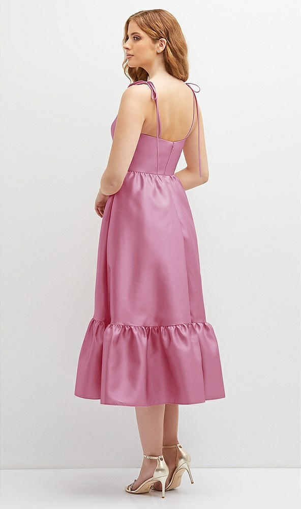 Back View - Powder Pink Shirred Ruffle Hem Midi Dress with Self-Tie Spaghetti Straps and Pockets