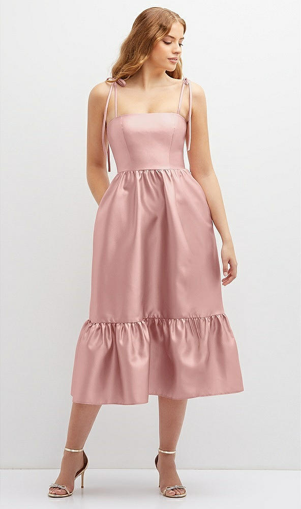 Front View - Rose - PANTONE Rose Quartz Shirred Ruffle Hem Midi Dress with Self-Tie Spaghetti Straps and Pockets