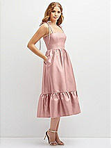 Side View Thumbnail - Rose - PANTONE Rose Quartz Shirred Ruffle Hem Midi Dress with Self-Tie Spaghetti Straps and Pockets