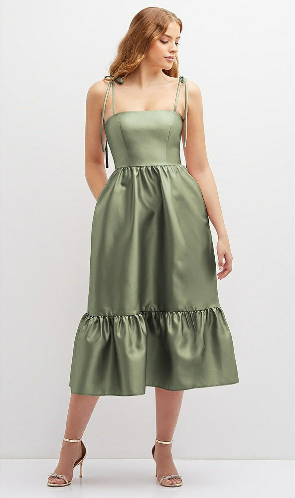 Front View - Sage Shirred Ruffle Hem Midi Dress with Self-Tie Spaghetti Straps and Pockets